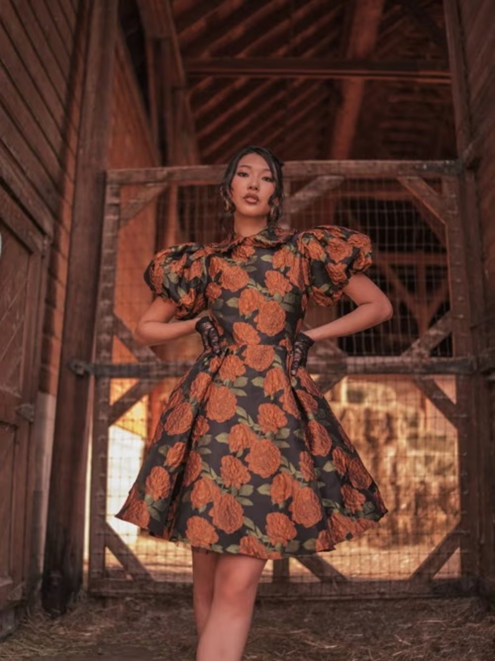 JessaKae Black Mini Dress with Orange Floral Jacquard and Statement Puff Sleeves